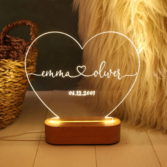 Luz nocturna personalizada como aniversario romántico para dormitorio lámpara de noche pareja para él nombres y fecha regalo de compromiso
