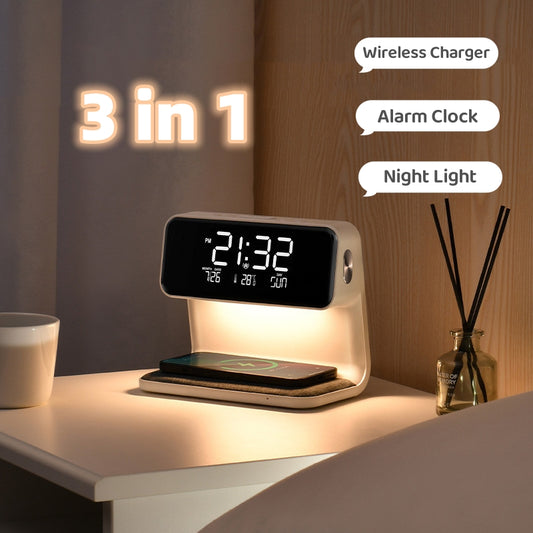 Creativo 3 en 1 mesita de noche de carga pantalla LCD despertador inalámbrico cargador de teléfono lámpara inalámbrica